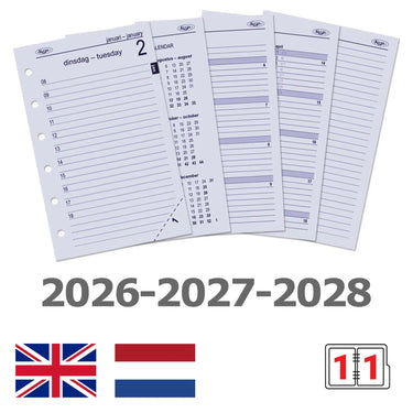 6231-26-27-28 125 x 80 mm Pocket 6 recharges quotidiennes pour classeurs à anneaux NL EN 2026 2027 2028